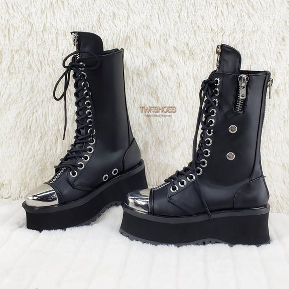 Gravedigger Unisex Chrome Toe Cap Platform Combat Goth Punk Boots